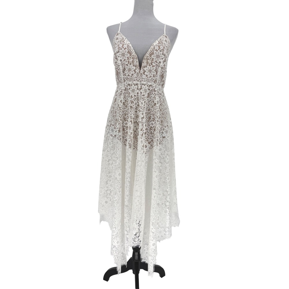 For Love and Lemons White Lace‎ Midi Dress Deep V Neck Size M Sheer Fairy Bride